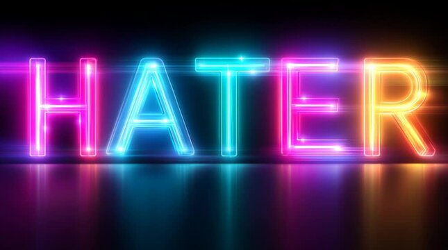 Vibrant neon hater sign with colorful reflections and pulsating glow in motion