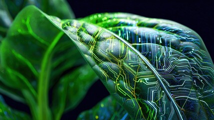 Green Leaf Embedded with Digital Circuitry Showcasing Technology and Nature Integration, Sustainable Technology