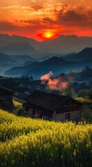 Fototapeta premium A small village in the mountains , with yellow rapeseed flowers blooming 