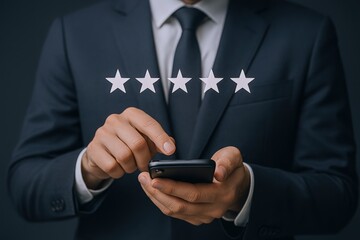 Businessman using smartphone to rate service quality with five star satisfaction concept
