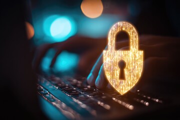 Hands typing on a laptop keyboard at night with a glowing padlock icon