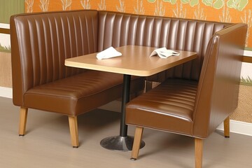 American diner-style leather booth with two seats, wooden legs, casual dining setup