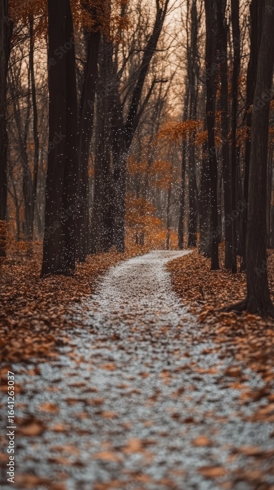 Poster serene pathway through autumn forest with fallen leaves and soft light shining through trees