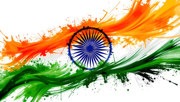 Indian Flag Abstract Art with Ashoka Chakra – Tricolor Brush Stroke Design - Powered by Adobe
