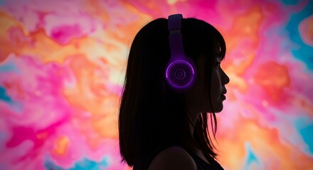 Young Girl Silhouette Wearing Headphones, Listening to Music, Minimal Concept