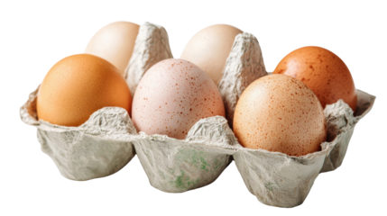 A carton filled with assorted eggs in various colors on a white isolate background.