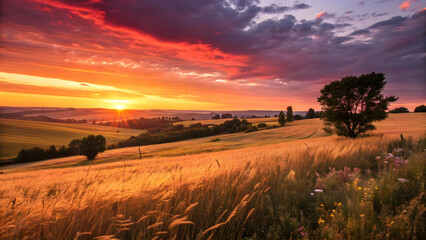 Golden wheat field bathed in the warm glow of a dramatic sunset with vibrant orange and purple clouds.