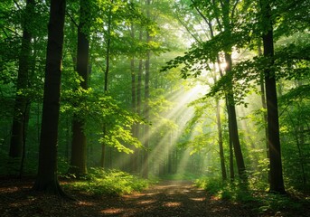 Obraz premium Sunlight streams through lush green forest canopy illuminating a serene woodland path