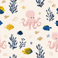 Obraz premium Watercolor seamless pattern with underwater world oceanocean, nature, sea, pattern, underwater