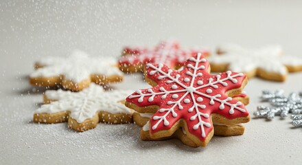Delicious snowflake cookies decorated with icing are displayed while sprinkles fall onto them, giving them a snowy effect.