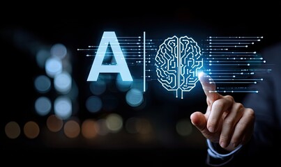Hand pointing at a digital AI brain