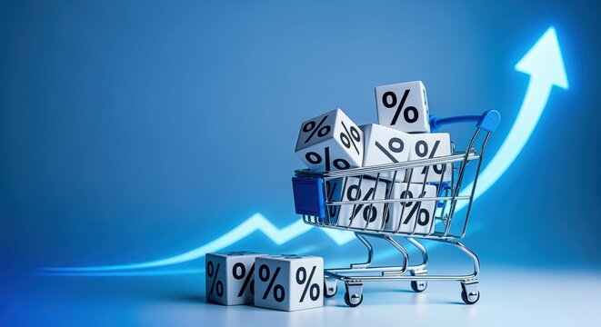 Inflation Increase Concept: Shopping Cart Filled with Percentage Blocks and Arrow Ascending on Blue Background - Powered by Adobe