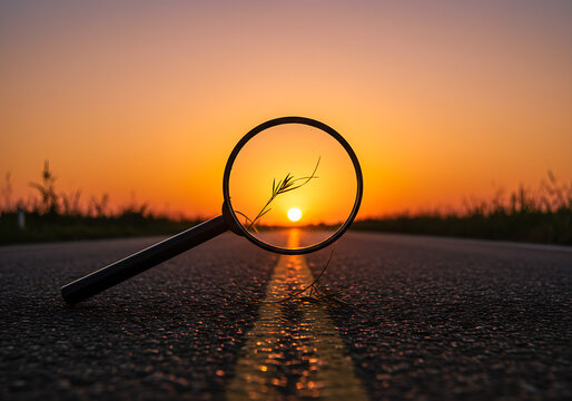 sunset on the road, sunset on the road, Magnifying glass lies on asphalt road during sunset. Conceptual journey, discovery. Through glass, the road stretches into distance, offering a unique focused p