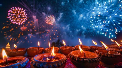 A mesmerizing display of traditional clay oil lamps diyas glowing warmly against a rich deep blue night sky Fireworks sparkle in the background enhancing the festive mood Vibrant colors  stock photo