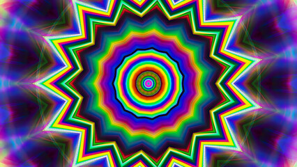 Psychedelic colorful kaleidoscope background with vibrant rainbow star pattern for music festivals and creative event promotion
