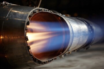 Close-up of a powerful jet engine exhaust with vibrant flames and intense thrust.