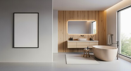 Modern Bathroom Interior with Bathtub, Vanity, Mirror, and Blank Frame for Mockup Display
