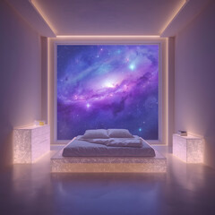 A minimalist bedroom with a large window looking out onto a swirling galaxy, and furniture that appears to be made of stardust