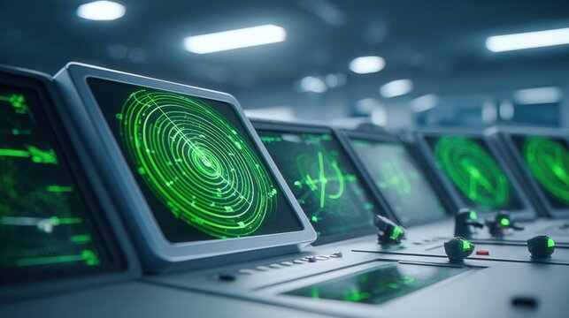 Monitoring Room: Rows of Green Glowing Radar Screens Displaying Complex Data and Navigation Information