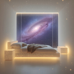 A minimalist bedroom with a large window looking out onto a swirling galaxy, and furniture that appears to be made of stardust