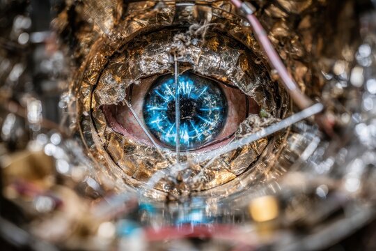 Cybernetic eye with radiant blue light, embedded in textured metallic material.