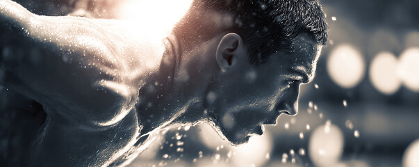 Intense swimmer focusing on performance during a competitive event in a well-lit aquatic facility