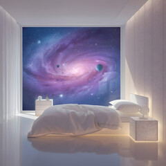A minimalist bedroom with a large window looking out onto a swirling galaxy, and furniture that appears to be made of stardust