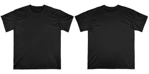 Black t-shirt mockup set showing front and back views on a transparent background. Perfect for apparel design presentations, branding, and product listings.