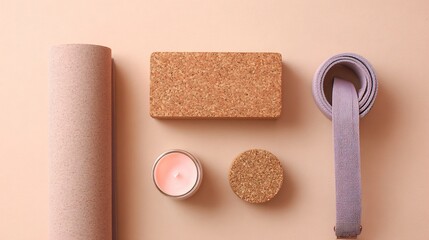 Yoga accessories still life on beige background for wellness and fitness product photography stock image