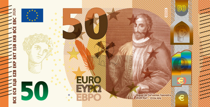 Vector fictional banknote in style of European Union. Note of 50 euros with portrait of Miguel de Cervantes Saavedra. Writer. Goose feather and mill. Money of Europe. Fifty. Obverse of bill. 2026