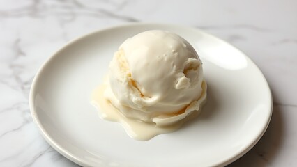A single scoop of vanilla ice cream on a ceramic plate, showcasing creamy texture with subtle drips against a minimalist marble background.
