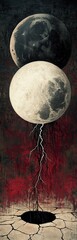 A surrealistic painting of two moons, one white and the other black with lightning striking it in an abstract style