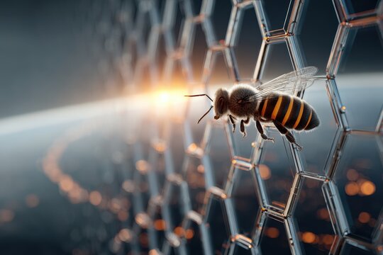 Detailed digital rendering of a honey bee on a glowing hexagonal grid.