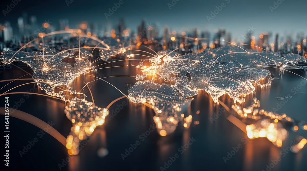 Poster global connectivity abstract visualization: network of interconnected cities across the world