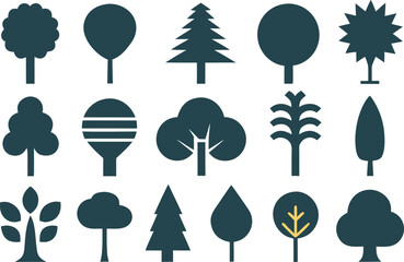 Collection of stylized dark blue trees on a yellow background