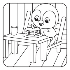 Penguin Enjoying Cake at a Table