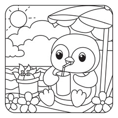 Penguin Relaxing on the Beach Coloring Page