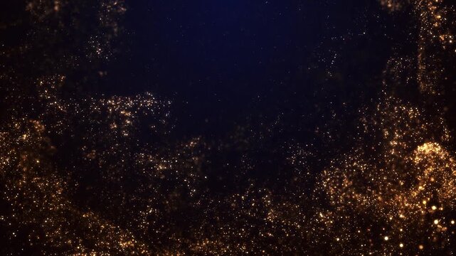 Floating gold sparks, glitter golden sparkles explosion on black background. Flying Gold particles, Dust. Christmas golden light shine particles flying bokeh wedding gold particles dust abstract motio