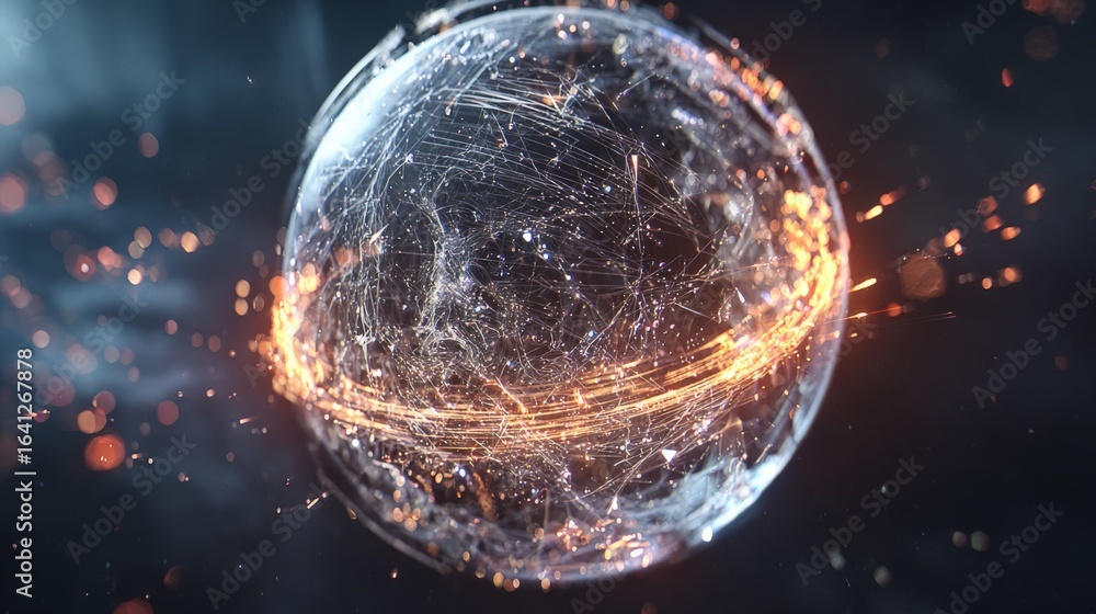 Poster abstract glowing sphere with interconnected lines, light streaks, and particles floating against a d