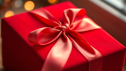 Velvety red gift box with satin ribbon, highlighting luxurious textures and warm lighting.