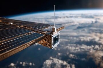 A detailed view of a satellite with solar panels orbiting Earth from space