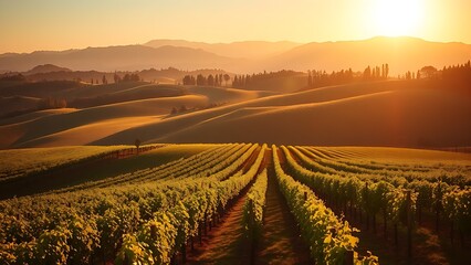 Vineyard with neat grapevine rows under golden sunlight, distant mountains softly blurred in the background.
