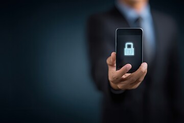 Businessman holding a phone with a lock icon