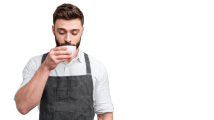 Barista enjoying a cup of coffee, wearing an apron, with an isolated background.