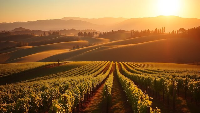 Vineyard with neat grapevine rows under golden sunlight, distant mountains softly blurred in the background.
