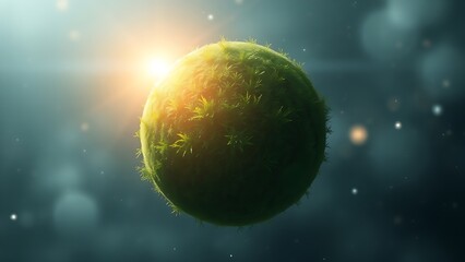 Lush green planet suspended in space with glowing atmosphere and vibrant cosmic vegetation.