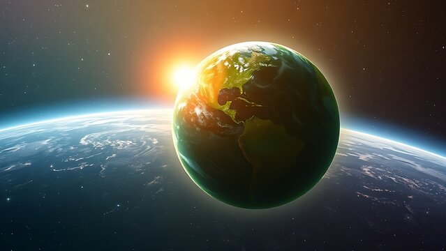 Lush green planet floating in space with a glowing atmosphere, depicting cosmic beauty.