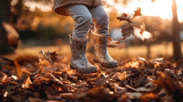 Playful Child Jumping in a Pile of Dry Leaves