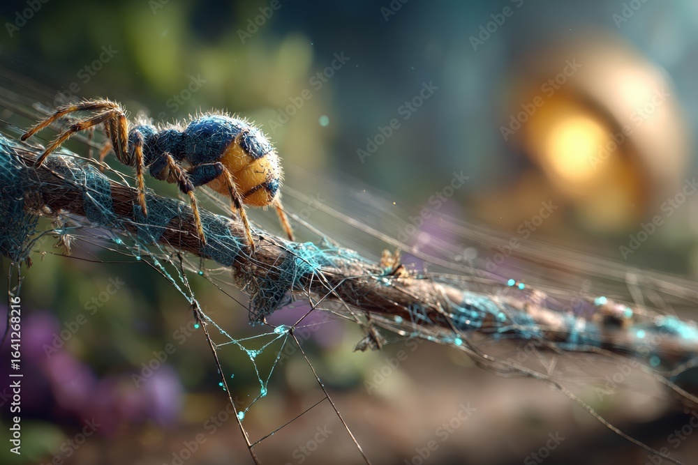 Poster intricate macro shot of a colorful spider on a branch with glowing blue strands.