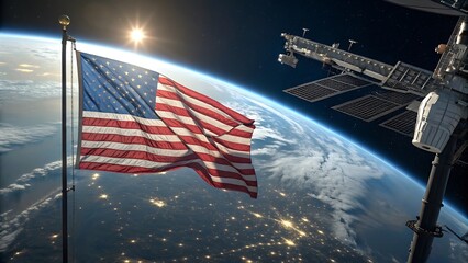 American flag waving in space near earth and the international station